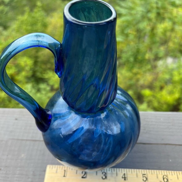 set of 2 vintage blue vases, blown glass swirl and stoneware - Picture 2 of 15